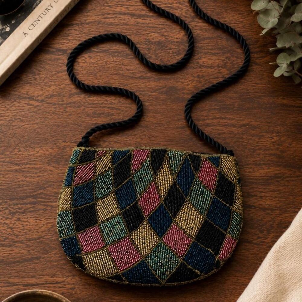 Vintage Beaded Crossbody Purse Multicolor Harlequin Bag Lewis Imports